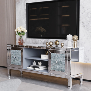 <b>Mirrored</b> TV Stand 60 Inch Crushed Diamond Glass <b>Doors</b> Modern Media Console Living Room Adjustable Storage - Product Image 1