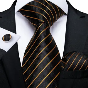 Private Label Custom Pure 100% Silk Tie Black And Gold Striped Mens Necktie Set