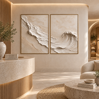 Tableau en toile texturé 3D vague océanique beige sculpturale, diptyque côtier neutre pour la décoration d'hôtels, villas, chambres et salons