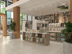 Service de design d'intérieur de librairie moderne sur mesure, aménagement élégant de papeterie avec étagères en bois éclairées - Product Image 3