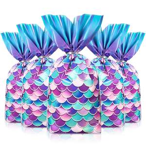 Birthday Girls Mermaid Party Favors Goodie Candy Bags Bolsas <span class=keywords><strong>de</strong></span> celofán <span class=keywords><strong>de</strong></span> fondo ancho con lazos plateados - Product Image 1