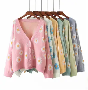 Femme Fashion Print Soft Sweater Ladies Full Sleeve Floral Single Little Daisy V-Neck Pull Oversize Cardigan Streetwear