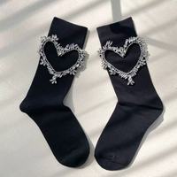 Chaussettes tube en coton bouclette de haute qualité avec logo corporel, motif cœur ajouré, chaîne et paillettes de luxe, antidérapantes, pour femme, printemps-automne
