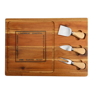 ชุดเขียงชีสไม้กระถินพร้อมมีดและส้อมสแตนเลสสำหรับเสิร์ฟและใช้ในครัว - Product Image 1