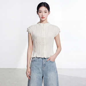 Women's Casual Eco-Friendly Slim Fit 100% Polyester Stand Collar <b>Top</b> Customizable Breathable <b>Cap</b> <b>Sleeve</b> Shirt Bulk Wholesale - Product Image 4