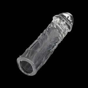 Wieder verwendbare Hülle Crystal Cock Gepunktete gerippte Kondome Zeit verzögerung Dauerhafter Schwanz Verlängerung hülse für Männer