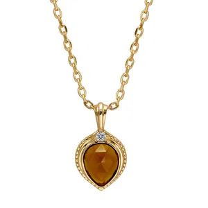 925 Sterling Silver 14K Gold Plated Gemstone Time Drop Cz Zircon Synthetic Amber Necklace