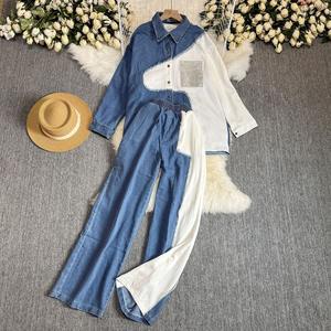 Mode printemps automne tenue 2025 doux Street Wear femmes à manches longues Denim Patchwork veste et pantalon 2 pièces ensemble - Product Image 2