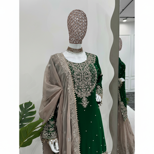 Robe de soirée & Dupatta avec codage en fausse georgette & séquence travail perle & fantaisie dentelle séquence travail codage - Product Image 2