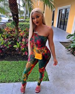 Tie Dye das mulheres Sexy Off The Shoulder 2 Peça Define Cópia Colorida Camo Manga Assimétrica Slim Fit Clube Conjunto - Product Image 6