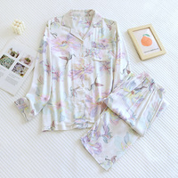 Pyjama Femme à Manches Longues en Satin Rayonne de Haute Qualité, Imprimé Floral, Col Revers, Doux Poudre Légère Romantique pour Usage Domestique