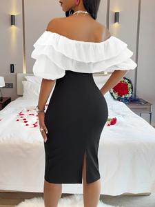 2025 estivo con giuntura a balze maniche a bolle una spalla in vita con piccolo abito aperto a forchetta - Product Image 5