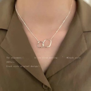 S925 Sterling Silver Double <b>Ring</b> <b>Necklace</b> Geometric Design For Women Everyday Wear Clavicle Chain - Product Image 2