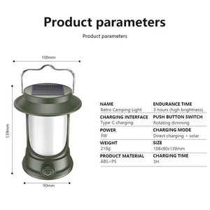 Linterna Solar Portátil Vintage para Camping, Recargable por USB, Luz LED Cálida para Exteriores, Tiendas de Campaña, Senderismo Nocturno y Pesca - Product Image 6
