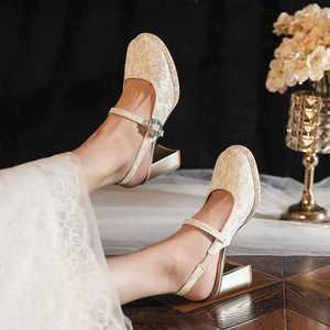 Mary Jane Pumps <b>Round</b> <b>Toe</b> Lace Block <b>Heel</b> High Comfort Wedding Shoes 7222A - Product Image 3
