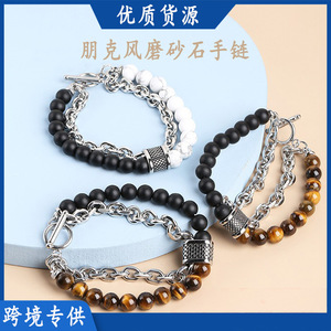 Frosted Stone <b>Bracelet</b> Natural Stone Beaded Chain Jewelry Geometric Design Stainless Steel Alloy Anniversary Gift Accessory - Product Image 5