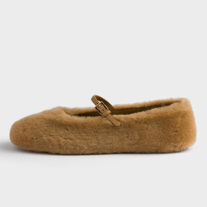 Ballerine OEM con Punta Rotonda in Pelliccia di Coniglio per <span class=keywords><strong>Donna</strong></span>, Vendita all'Ingrosso, Taglie Grandi, con Cinturino e Fibbia, <span class=keywords><strong>Scarpe</strong></span> Casual Invernali Stile Mary Jane Color <span class=keywords><strong>Cammello</strong></span> - Product Image 1