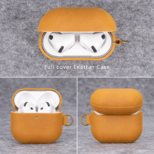 Étui en cuir de vachette véritable Crazy Horse pour <span class=keywords><strong>Airpods</strong></span> 4, style Indiana-Jones, LED avant visible, marron clair - Product Image 6