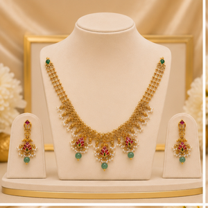 Ensemble de collier en or Kundan, boucles d'oreilles pendantes à perles, bijoux en pierre rouge et verte pour femmes, cérémonie de mariage - Product Image 4