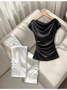 Women's Satin Cowl Neck Ruched <b>Top</b> - Cap Sleeve Fitted Blouse Womens Clothes Shirt Fashion - Product Image 6