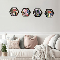 Décoration murale hexagonale style bohème en buis, motif forêt de champignons féeriques et étoiles, pour salon