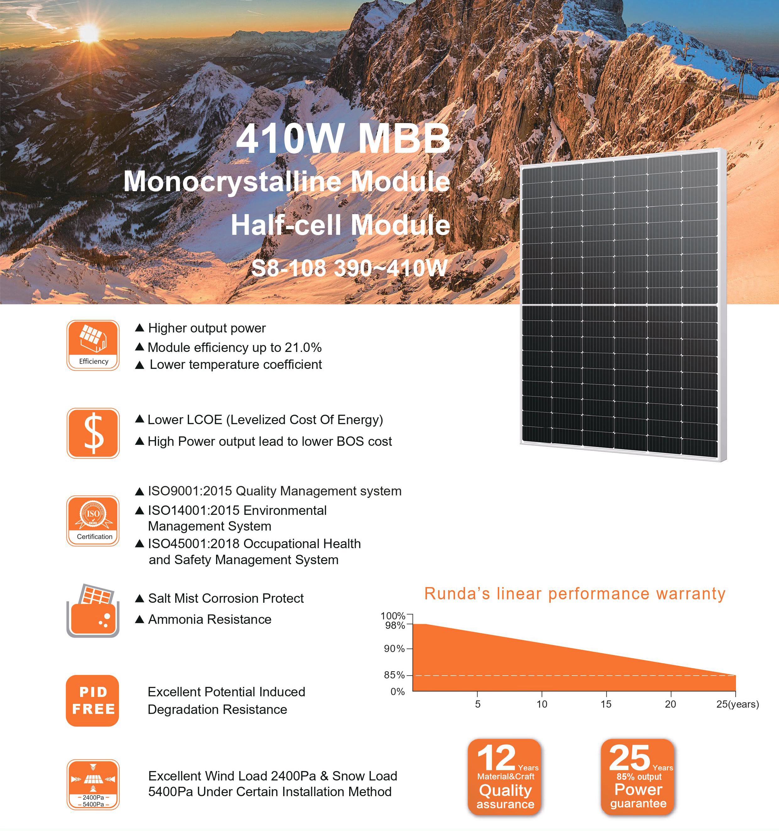 300 W 390 W 395 W 400 W 405 W 410 W monokristallines Solarpanel 500 Watt 550 Watt 600 Watt Heim-Photovoltaik-PV-Modul
