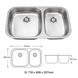 Évier de cuisine double bac en acier inoxydable 304 TADT OEM, finition brossée, 16/18 gauge, fabrication mécanique, profond, à deux trous, à encastrer sous plan. - Product Image 3