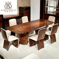 Mesa de Comedor de Alta Gama con Cubierta de Madera y Mármol de Alto Brillo y Sillón de Cuero Genuino para 6 u 8 Personas, para Comedor de Villa de Lujo u Hotel