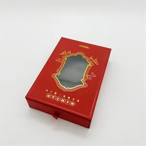 Kotak kemasan hadiah kardus keras merah mewah mudah terurai cetak kustom dengan jendela bening