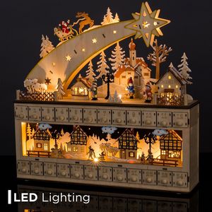 Tradizionale stella cadente villaggio innevato con 24 cassetti e luci Led in legno calendario conto alla rovescia per la decorazione di festa - Product Image 3