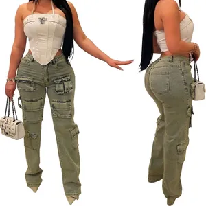 Women New Washed Distressed Retro Low-Rise Zipper Multi Pocket Cargo Denim Trendy Trousers Work Jeans Pants