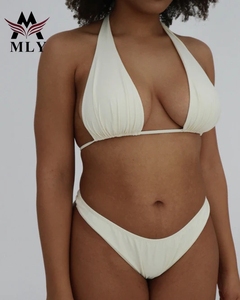 Costume da bagno di lusso MLY da donna, <span class=keywords><strong>bikini</strong></span> a due pezzi con ferretto, <span class=keywords><strong>senza</strong></span> <span class=keywords><strong>spalline</strong></span>, fantasia a tinta unita e dettaglio in metallo con logo in vita, abbigliamento da spiaggia - Product Image 2