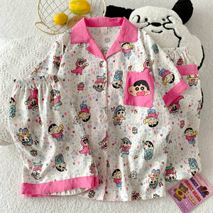 Shin-<span class=keywords><strong>chan</strong></span> dessin animé motif femmes 3 pièces <span class=keywords><strong>Satin</strong></span> pyjama ensemble confortable vêtements de nuit décontractés pour doux lisse été automne printemps - Product Image 2