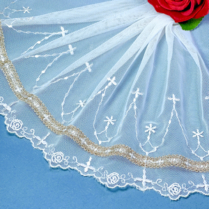 Bande de dentelle en tulle de 23 cm avec broderie croisée, dentelle en maille à ligne dorée pour accessoires de robes et jupes pour enfants, vente en gros - Product Image 6