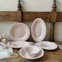 Service de vaisselle en céramique rose rétro français fabriqué en usine, motif en relief, couleur sous-glaçure douce et féerique, sans BPA