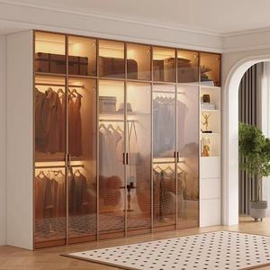 Armario de Lujo con Marco Dorado, Puerta de Vidrio Esmerilado con Bisagras, Iluminación LED, Almacenamiento Multicapa, Organizador de <span class=keywords><strong>Ropa</strong></span>, <span class=keywords><strong>Mueble</strong></span> - Product Image 5