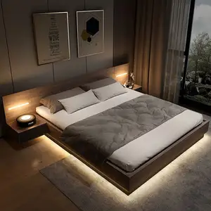 Penyimpanan multifungsi kamar tidur, kotak desain ukuran penuh kayu sederhana furnitur lampu Modern bingkai Led tempat tidur rumah