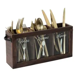 乡村火炬深棕色木质餐具餐具支架球童收纳盒，带叉子、勺子和刀子标签