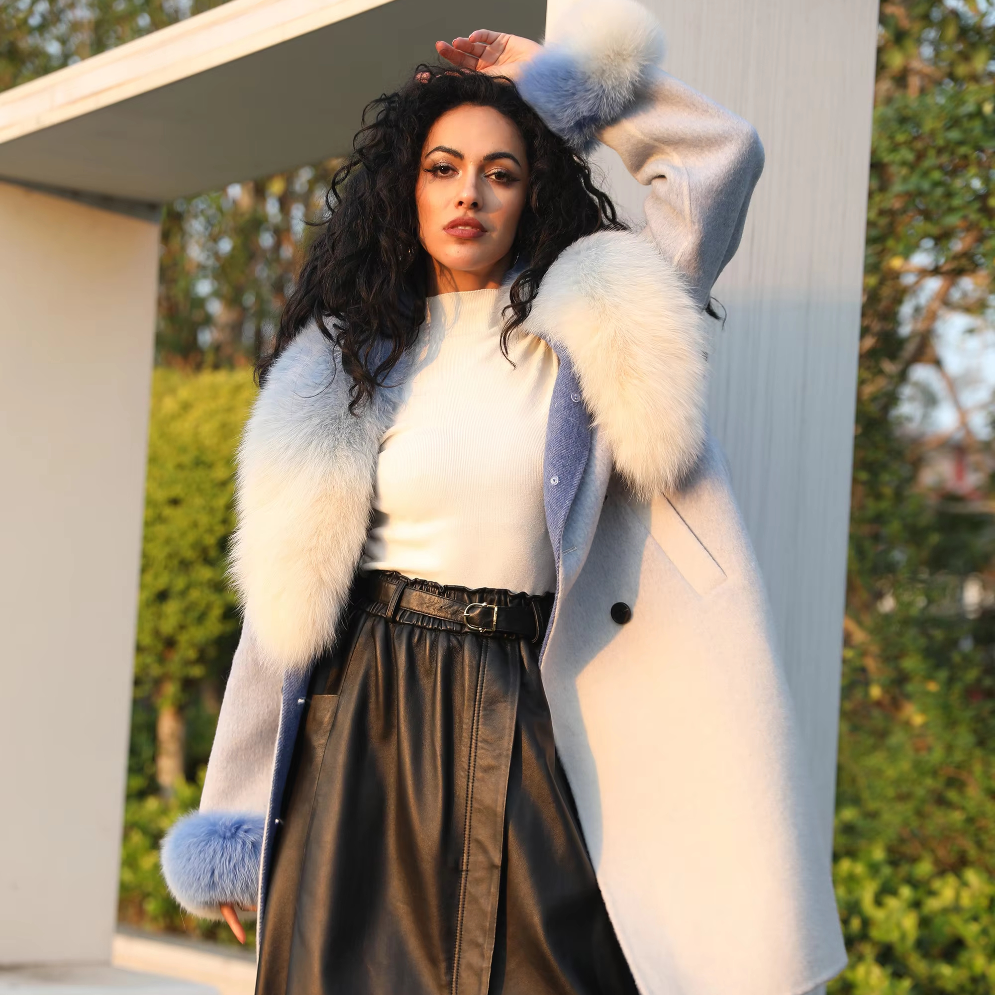 Janefur New Developed in Stock Wool Cashmere Blended Winter Jacket for Ladies Hand Made Winter Women Gradient Color Coat