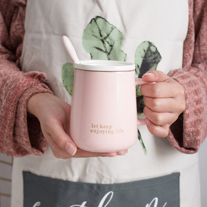 Ensemble de tasses en céramique avec couvercle et cuillère, design simple pour couple, couleur unie, pour le petit-déjeuner, idéal comme cadeau - Product Image 5