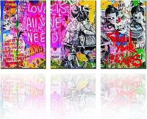 Graffiti Street Art Banksy Canvas Wall Art for Living Room Decor 3 Pieces Little <strong>Couple</strong> Picture Print Pop <strong>Artwork</strong> - Product Image 1