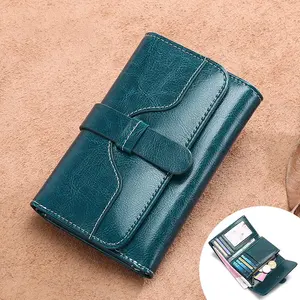 Casual Designer Custom Logo Simple Solid Color Genuine Leather RFID Blocking Mini Zipper Pouch Card Holder Purse Women Wallet