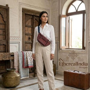 Maroon Block Print Waist <b>Bag</b> <b>Boho</b> Fanny Pack Cotton Ethnic Festival Hip Sling <b>Bag</b> - Product Image 2