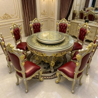 Luxuriöses Barockes Goldgeschnitztes Massivholz Rundes Esszimmer-Set Glasplatte Drehbare Tischplatte Rote Esszimmerstühle für Villa Herrenhaus Hotel
