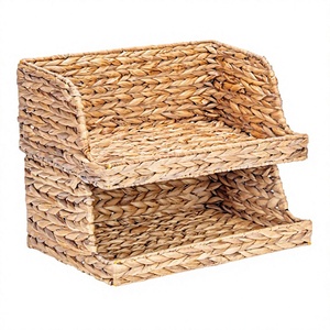 Water Hyacinth Rustic Rectangle Standing 2-tier Woven Eco-Friendly Multifunction <b>Storage</b> <b>Baskets</b> <b>Large</b> Open-Front Hanging - Product Image 3