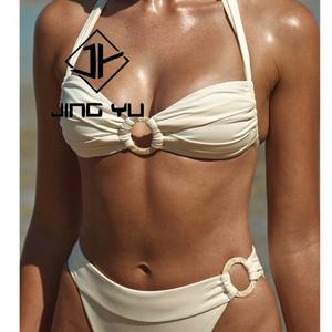 Maillots de bain de haute qualité, anneau en perle d'ivoire et maillot de bain à lacets froncés, bikini en nylon recyclé personnalisé - Product Image 4