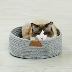 2023 New Style Cotton Thread Woven Cat Bed Big Round Woven Basket Cat Scratching Rope Bed Nest Durable Warm Pet Basket Sleeping