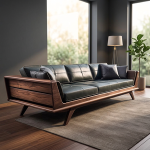 Contemporary Solid Teak Wood Sectional Sofa Set Luxury Scandinavian Minimalist Living Room Furniture Black Leather Cushion - Product Image 2
