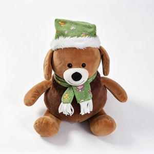 Customized Sitting Brown Puppy Stuffed Animal with Embroidered Green Hat & Fringed Scarf, Winter <b>Holiday</b> Home Decor - Product Image 3