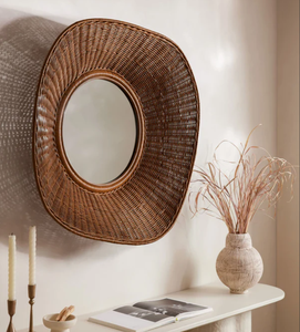 Miroir mural en rotin naturel en osier fait à la main élégant Vintage Boho minimaliste Accent pour la décoration de salon - Product Image 4